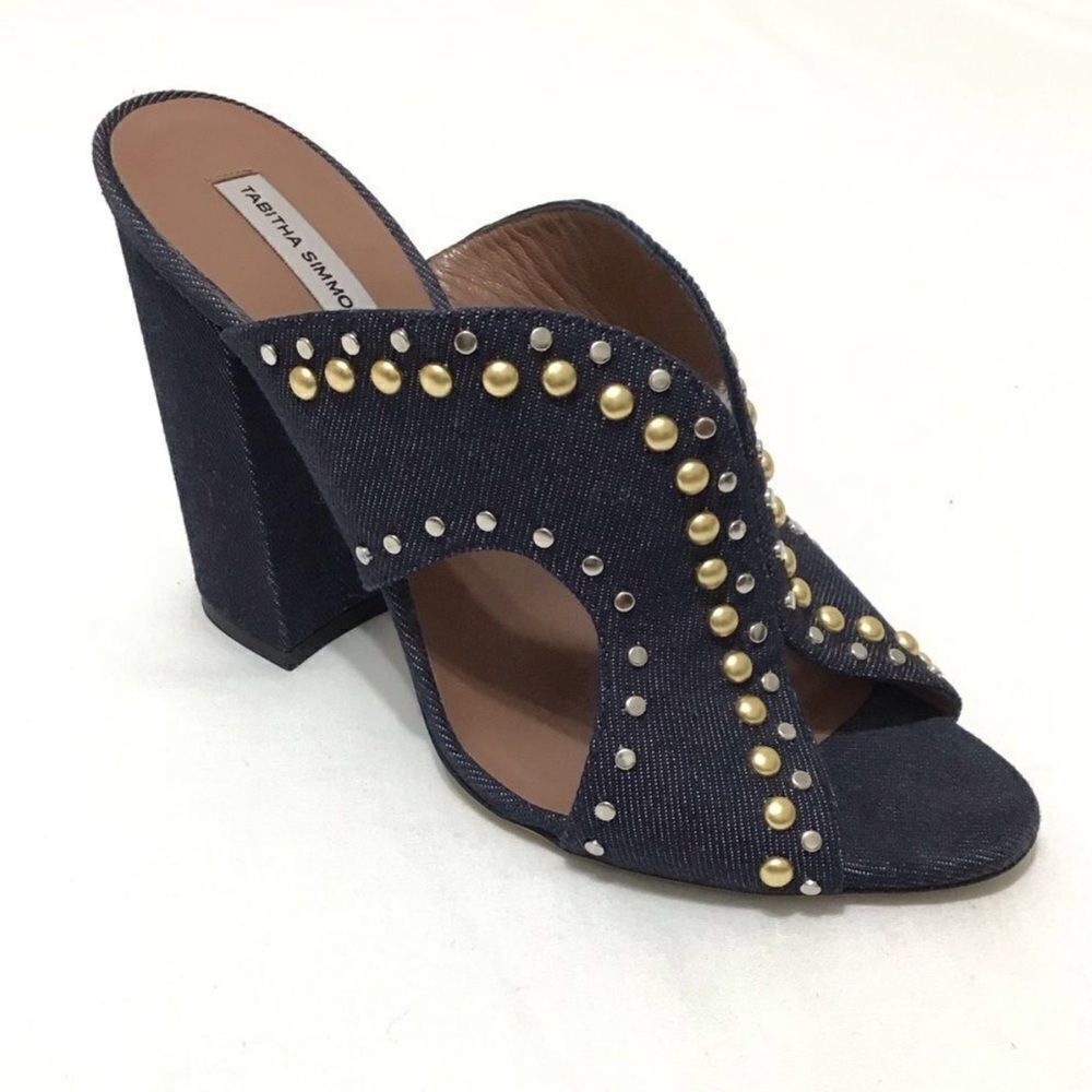 Tabitha Simmons Celia Denim Jean Mules Studded Size 39